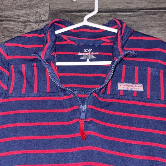 Vineyard Vines Girls Break Stripe Shep Quarter Zip Top Medium (10-12) Navy/Red - Picture 3 of 10